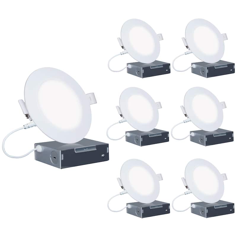 Infibrite 4 Inch 4000K Cool White 9W 750 LM Ultra-Slim LED Ceiling Light with Junction Box, Flush Mount, Dimmable (6 Pack) - 4 Inch - 4000K