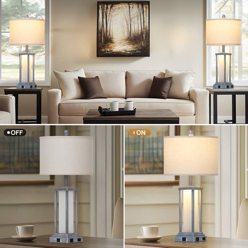 27" Grey Industrial Table Lamps with USB-C Charging, Dual Lighting(Set of 2) - 12.5'' x 12.5'' x 27''