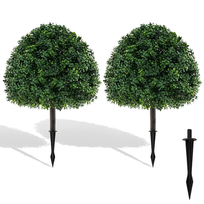 28" Artificial Boxwood Topiary Ball Tree Set of 2 with Ground Spike for Indoor Outdoor Decor - 28"H