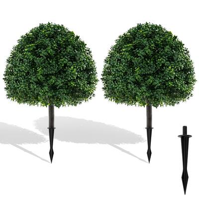 28" Artificial Boxwood Topiary Ball Tree Set of 2 with Ground Spike for Indoor Outdoor Decor - 28"H