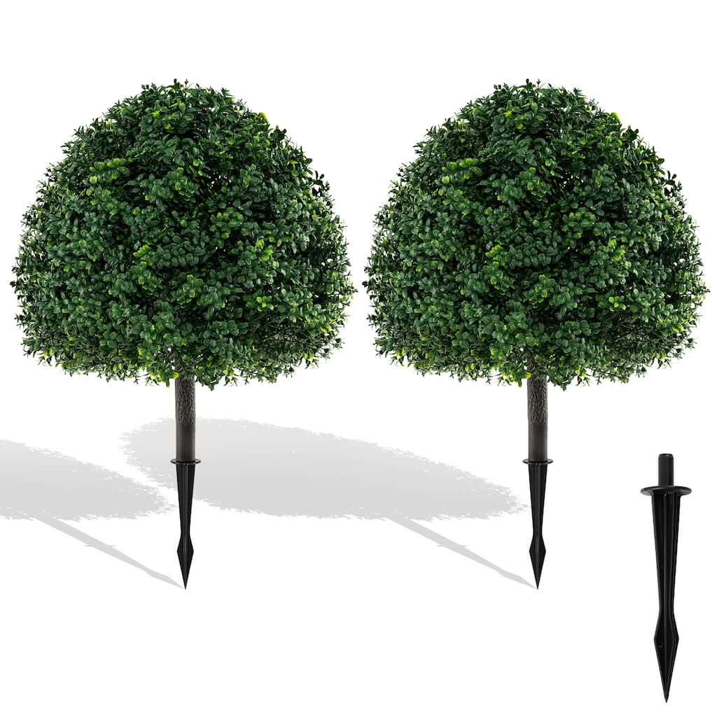28" Artificial Boxwood Topiary Ball Tree Set of 2 with Ground Spike for Indoor Outdoor Decor - 28"H