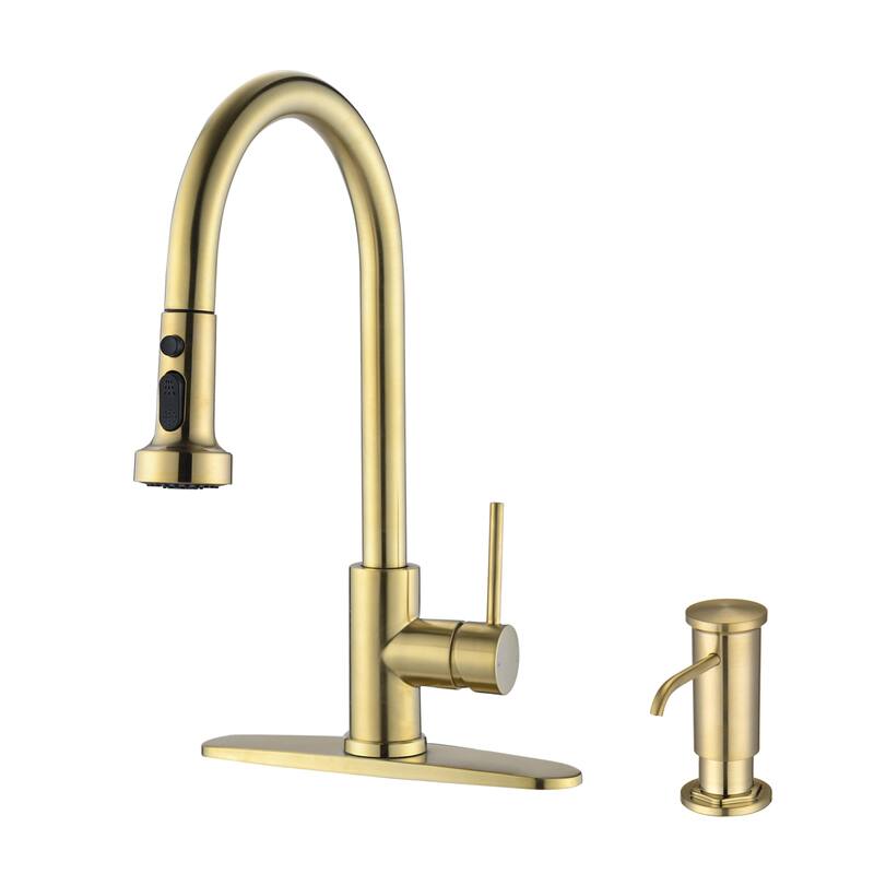 BATHLET Single Handle High Arc Pull Down Kitchen Faucet with Soap Dispenser - Brushed Gold