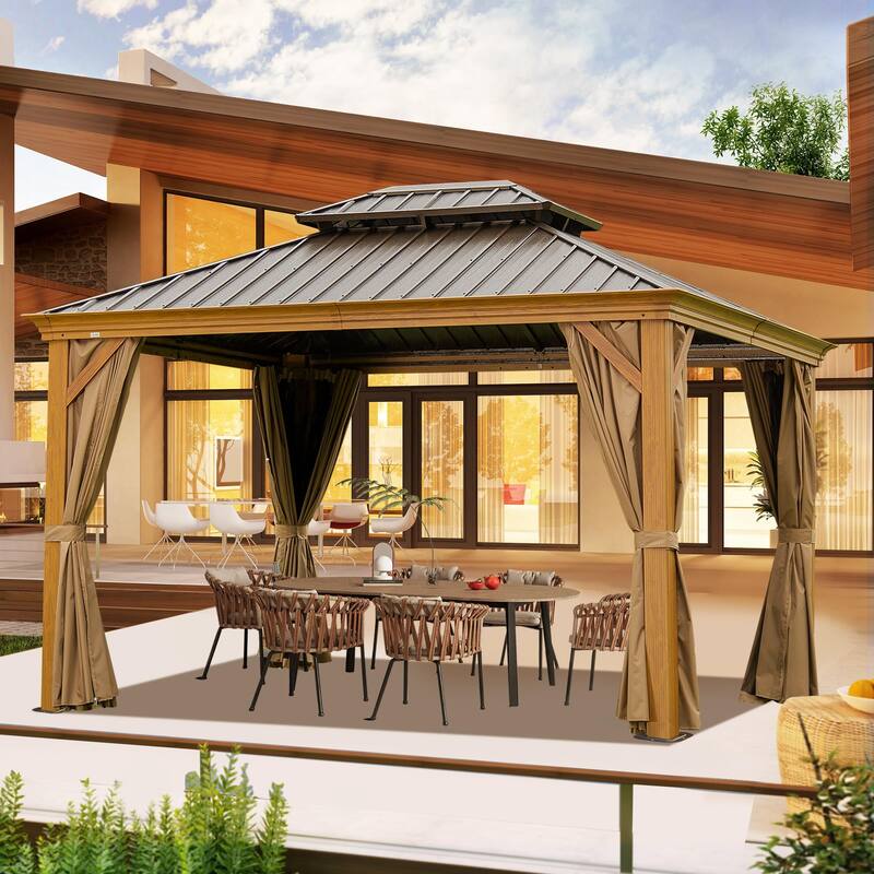 10'x14' Hardtop Wood Grain Gazebo with Galvanized Steel Roof, Aluminum Frame & Netting for Patio