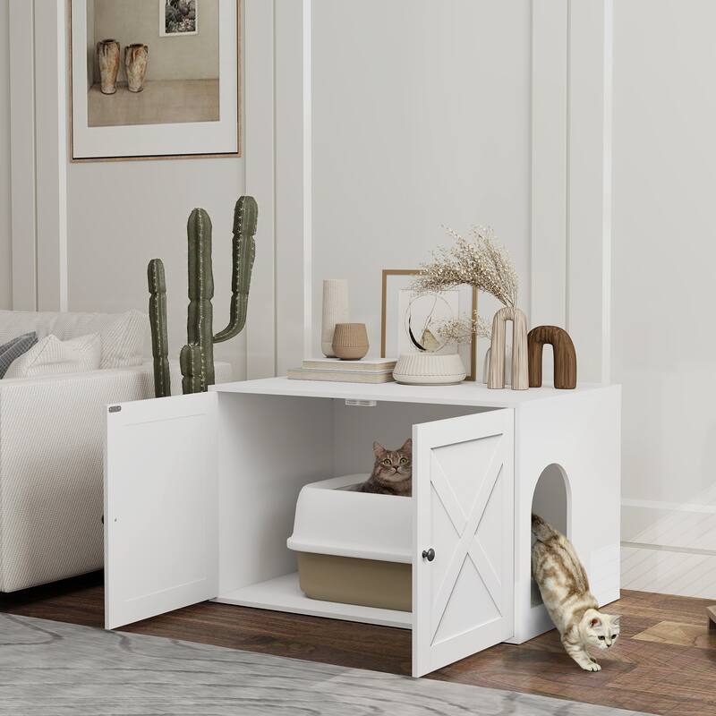 Wooden Cat House With Litter Box Storage And Table Top