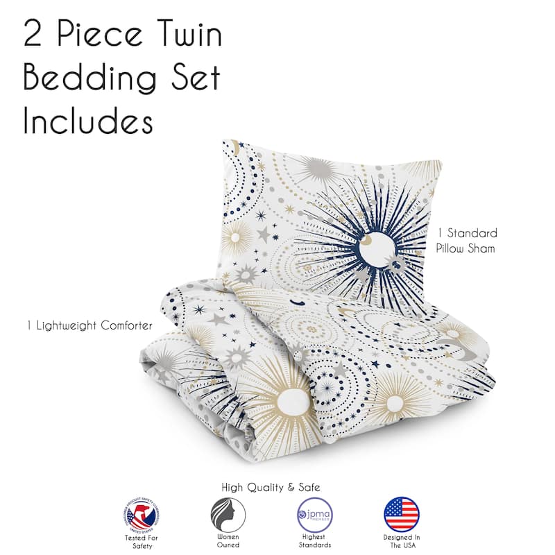 Star and Moon Collection Boy or Girl 2pc Twin Comforter Set - Navy Blue Gold and Grey Celestial Sky Stars Gender Neutral Unisex