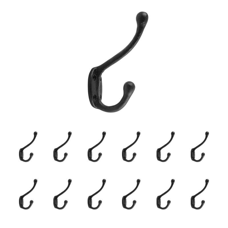 Black Wrought Iron Robe and Coat Double Hooks 5" L Entry Way Hanger Wall Mount (Set of 12) Renovators Supply