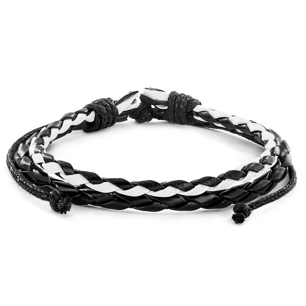 Black and White Braided Checkerboard Leather Bracelet (10 mm) - 7.5 in