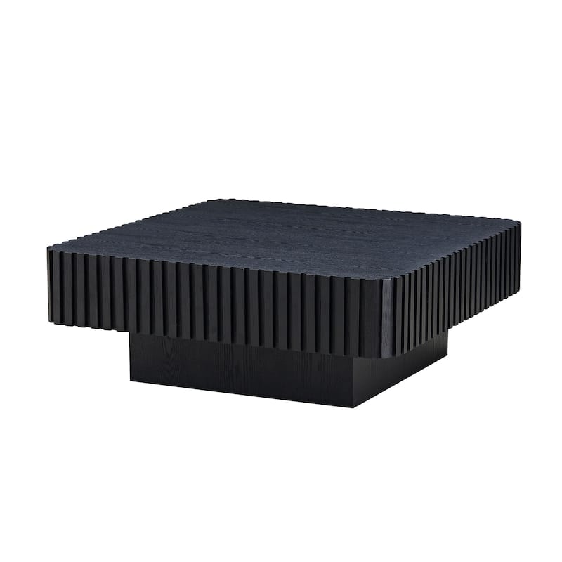 Small Accent Table Wooden Coffee Table Square Pedestal Base Center Table with Side Fluted Design and Wood Grain Veneer