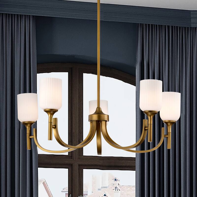 Solara 5 Light Chandelier Natural Brass Finish Frosted Ribbed Glass - Natural Brass