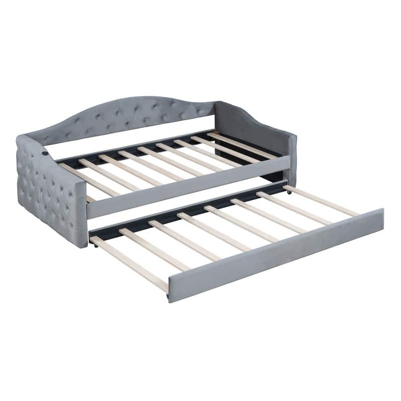 Twin Size Upholstered Daybed with Pop Up Trundle,Velvet Tufted Headboard with Charging Station