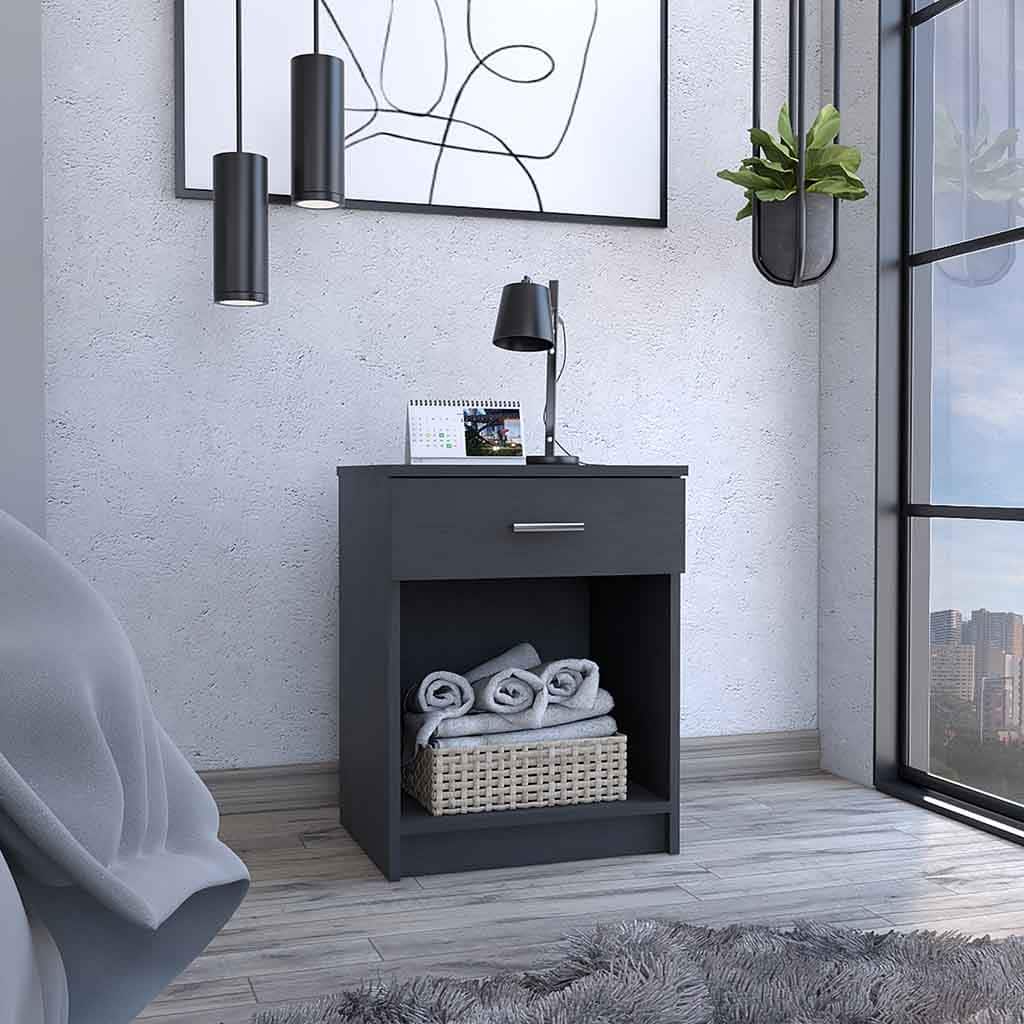 Compact Black End Table/Nightstand - One Drawer, Open Shelf, and Superior Top