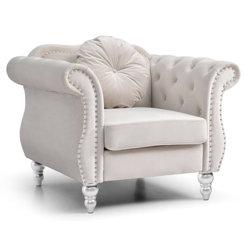 Velvet Accent Chair with Tufted Round Pillow - 39" - Cream
