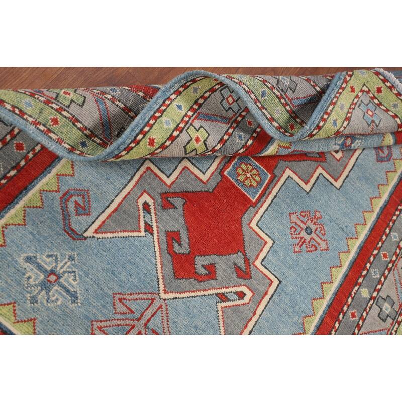 Light Blue Geometric Kazak Foyer Rug Hand-Knotted Wool Carpet - 3'6" x 5'3"
