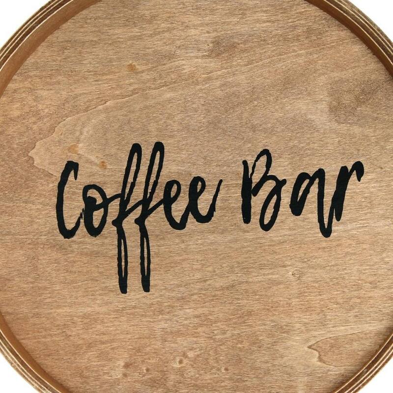 HomeRoots 14" Natural And Black Coffee Bar Round Serving Tray With Handles - 13.75 in. x 1.65 in. x 13.75 in.