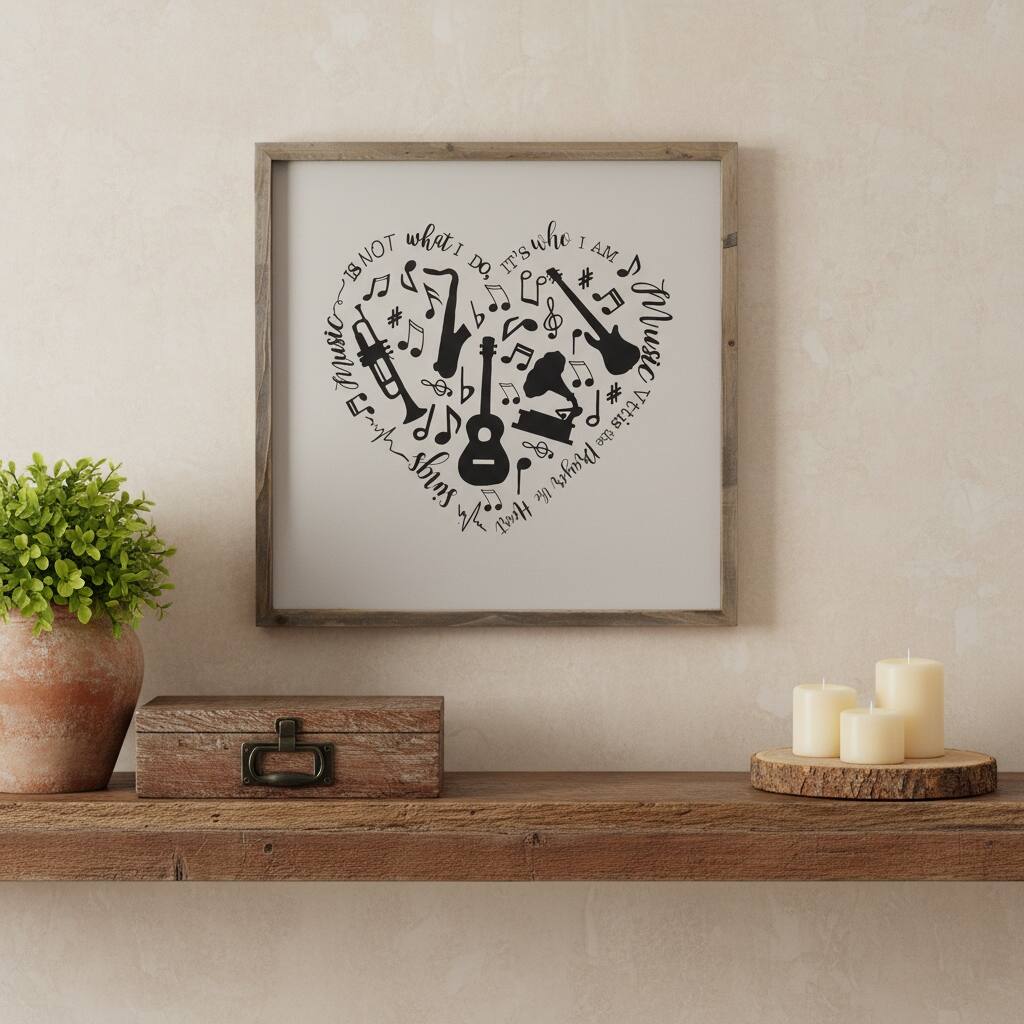HomeRoots 16" X 16" Black And White Heart Music Wood Square Framed Art