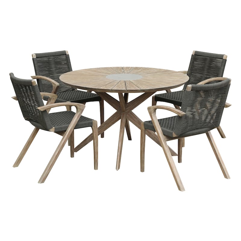 Solid Eucalyptus Wood and Rope Outdoor Patio 5 Piece Round Dining Set with Arm Chairs