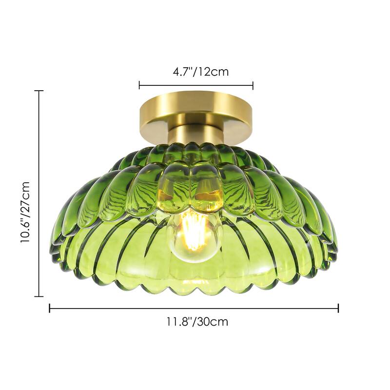 1-Light Vintage Brass Finish Metal Semi-Flush Mount Ceiling Light with Amber/Green/Grey/Clear Glass Shade for Kitchen, Hallway