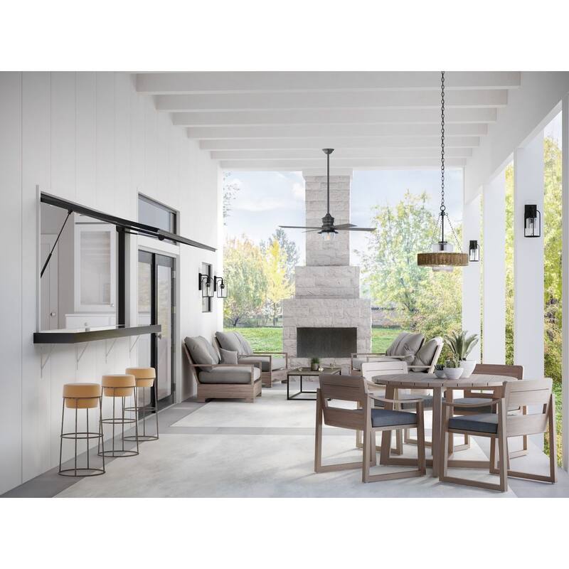 Pembroke Collection 1-Light 18.5 in. Matte Black Outdoor Pendant with Mocha Rattan Accents and Seeded Glass Shade - Large