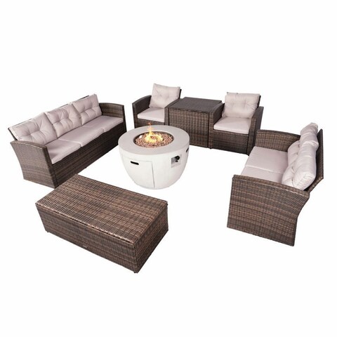 7-Piece Patio Brown Rattan Wicker Conversational Sofa Set with Firepit Table and Two Storage Coffee Tables