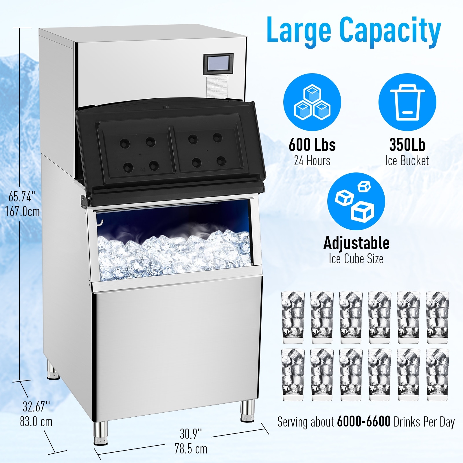 Commercial Ice Machine Industrial with 550LBS/1 Day Ice Maker,192 Standard 0.9'' Ice Cubes Per