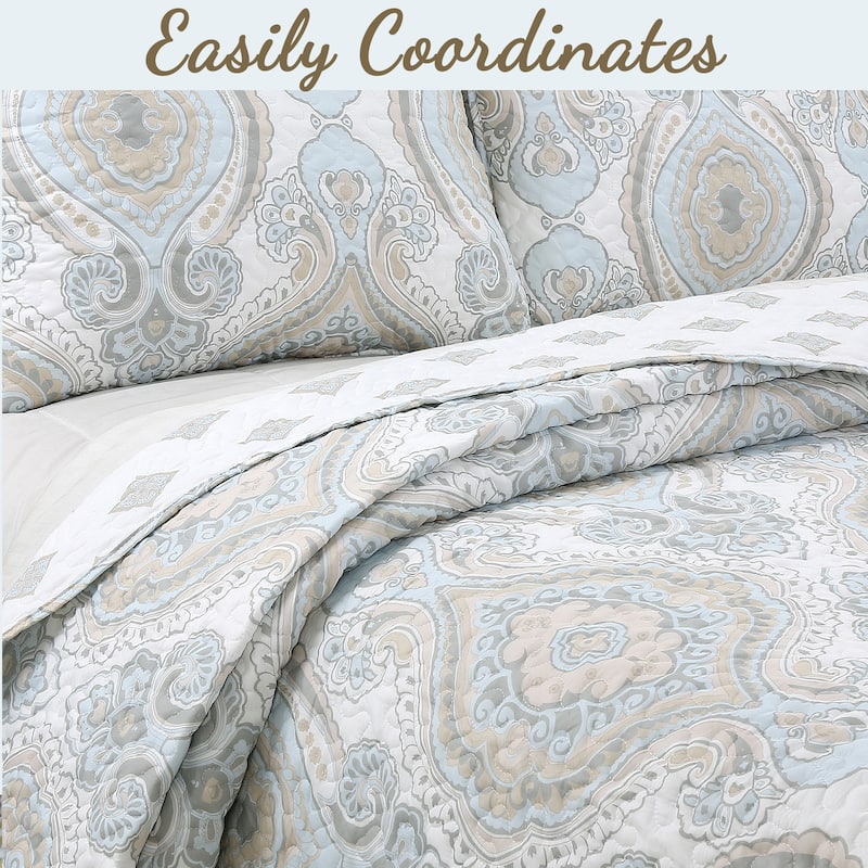 Cozy Line Modern Medallion Sky Blue Tan Gray Brocade Polyester Quilt Bedding Set