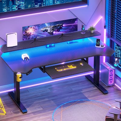 55" Standing Gaming Desk Long Computer Desk Power Strip Keyboard Tray