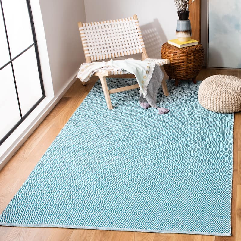SAFAVIEH, Handmade Flatweave Montauk Brice Casual Cotton Rug - 6' x 9' - Ivory/Turquoise