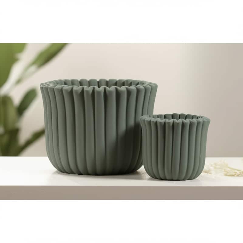 Pottery Cement Planters Textured Ribbed Sculptural Design (Set of 2) - 7.5" x 7.5" x 6"