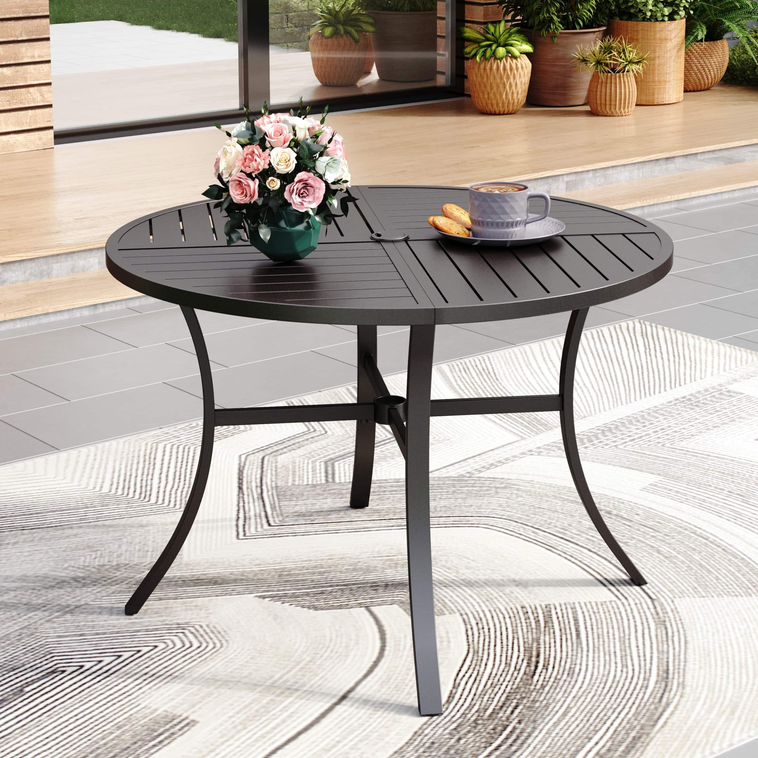 42 round patio table with umbrella hole Outdoor 42'' Dining 2.24'' Hole, Cast Aluminum Tabletop, for Patio, Garden, Backyard and Balcony, Black with Gold-painted inch round table works perfectly with any set of chairs for outdoor seating or dining and suits for gathering MAISON ARTS Metal Round Patio