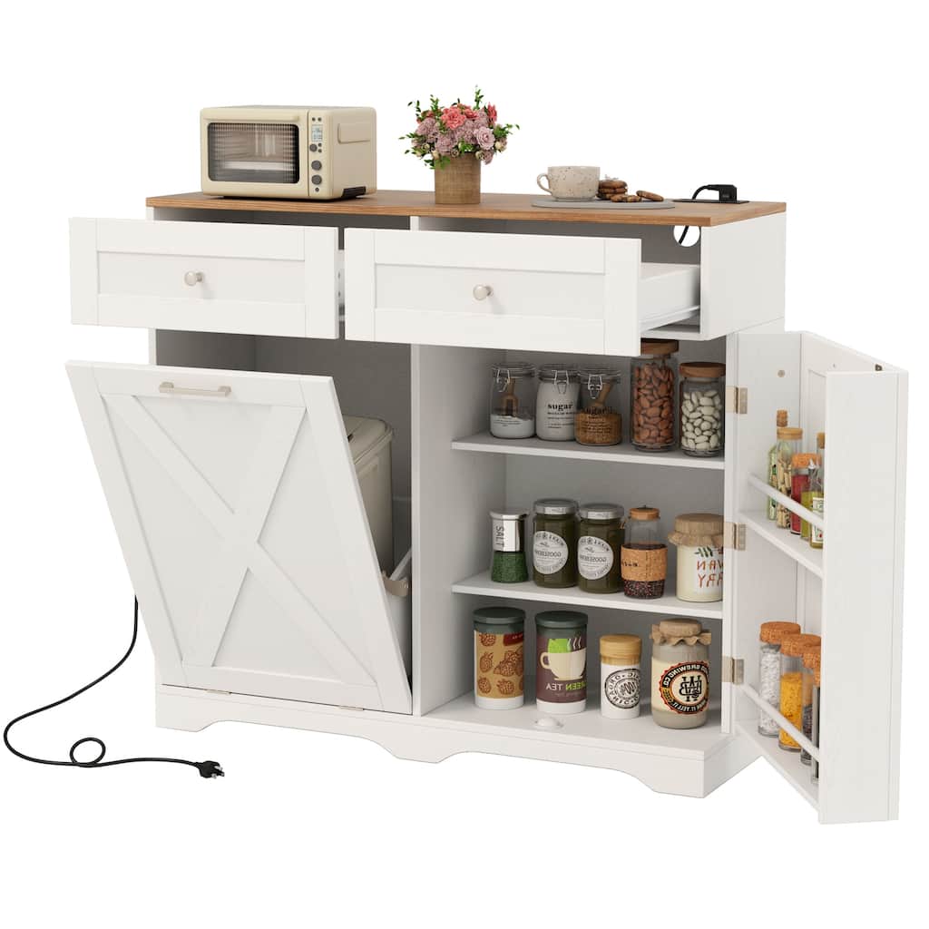 Gymax Tilt Out Trash Can Cabinet w/ Outlets 2 Drawers Adjustable Shelf