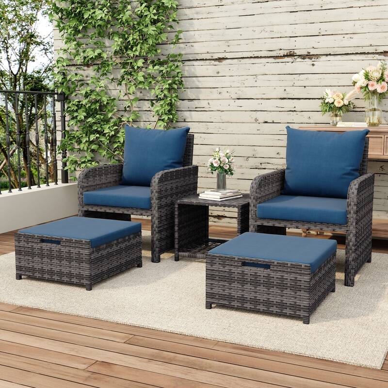 Patio 5 Pieces Rattan Cushioned Conversation Set With Ottoman Coffee Table - Grey/Blue