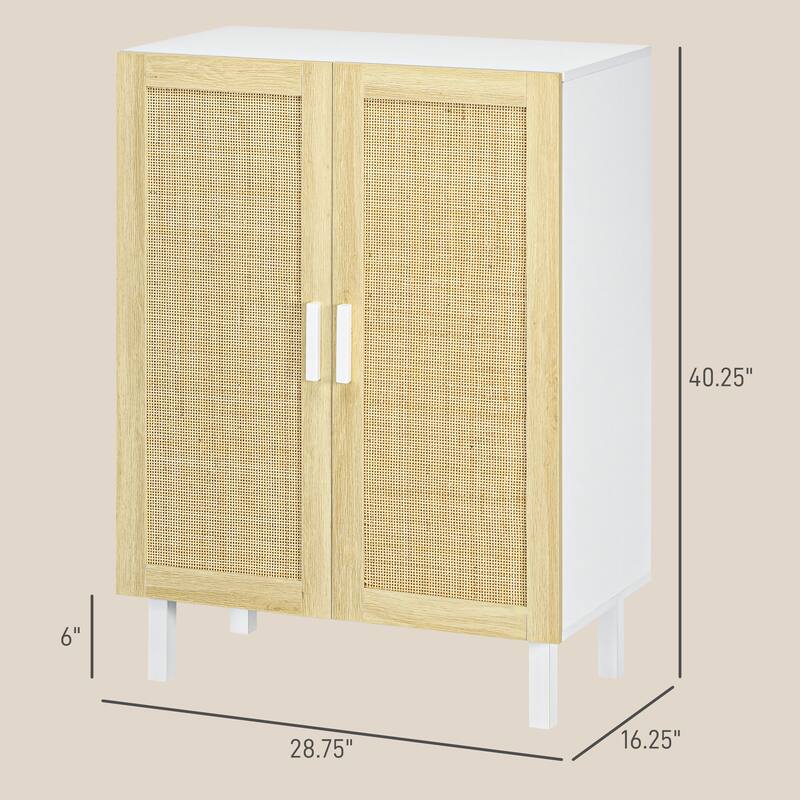 Sideboard Buffet Cabinet with 2-Rattan Doors, Adjustable Shelves, Boho Kitchen Storage Cabinet for Living Room, Black & Natural