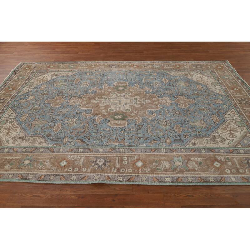 Geometric Blue Tabriz Persian Area Rug Oriental Handmade Wool Carpet - 6'5"x 9'5"