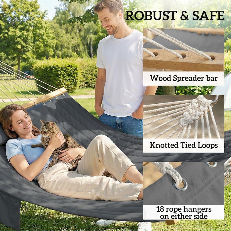 Outsunny Outdoor Hammock, 2-Person Hammock with Head Pillow and Pad, Wood Spreader Bars, 440 lbs Capacity