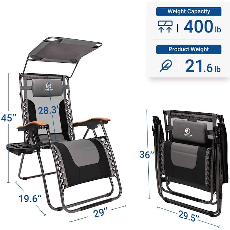 Set of 2 Folding Reclining Lounge Chair, Outdoor Zero Gravity Recliner W/Side Tray & Detachable Headrest Pillow