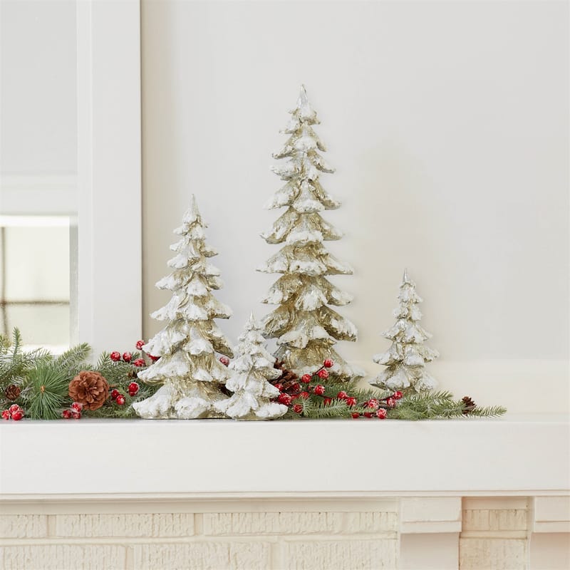 Green Flocked Pine Tree Decor (Set of 4) - N/A