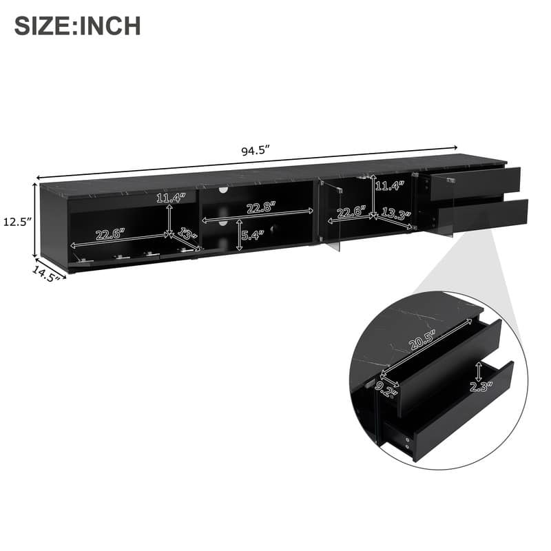 Modern 105" App-Controlled LED TV Stand with Faux Marble Top & Glass Doors
