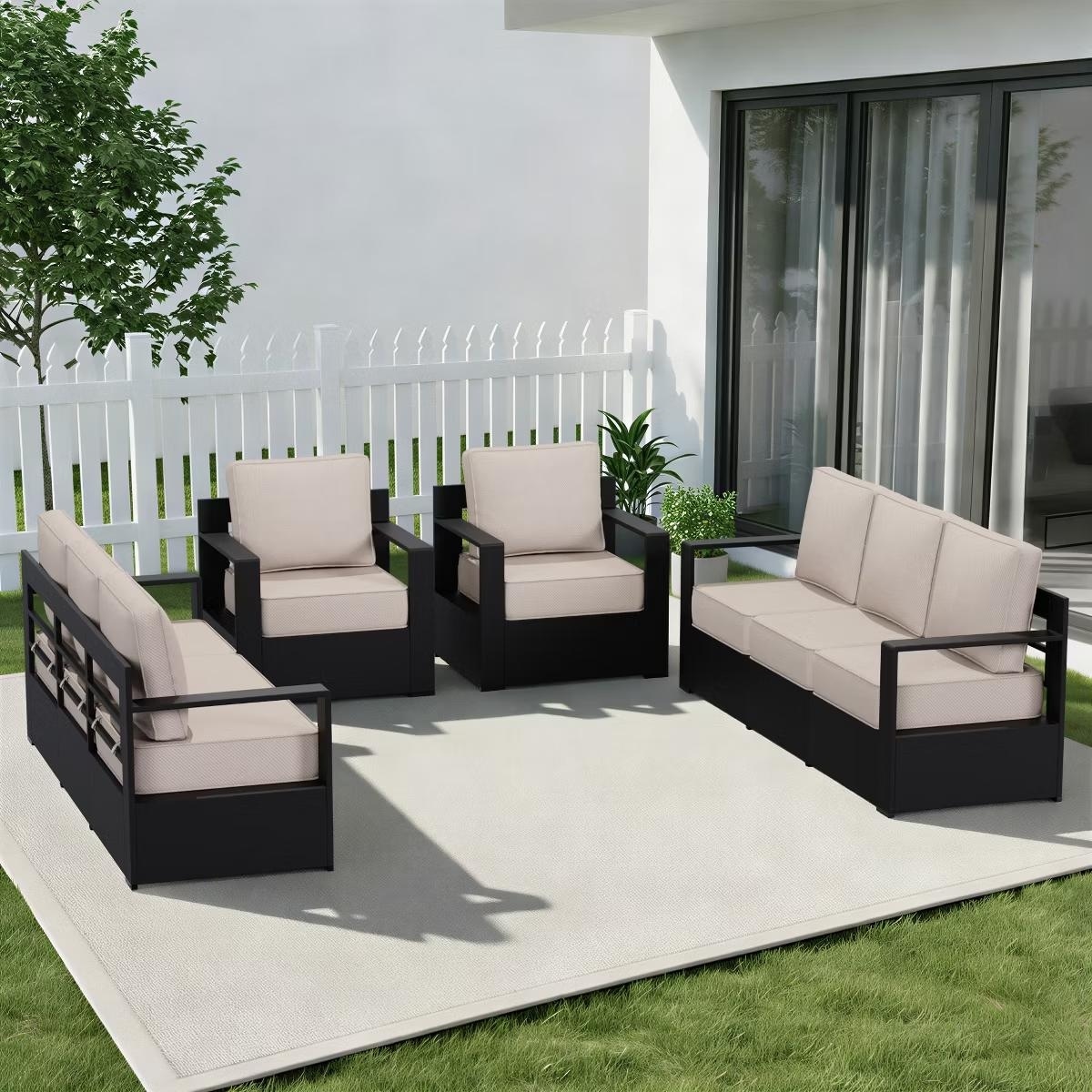 COZYWOR 8-Person All-Weather Aluminum Sectional Set with Two 3-Seat Sofas & Armchairs