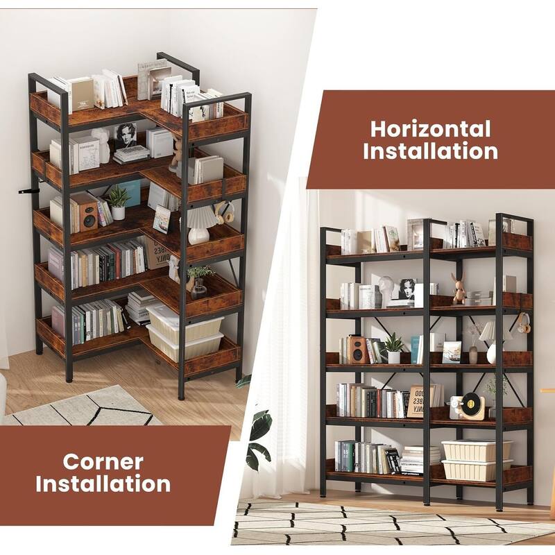 5-Tier Corner Bookshelf, L-Shaped Reversible Bookcase for Home Office