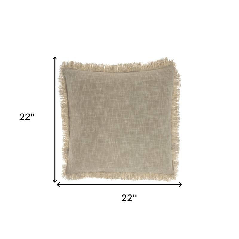 22" Taupe Cotton Throw Pillow With Fringe