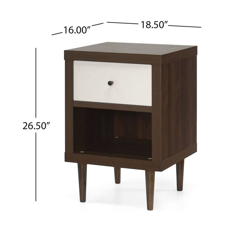 Minie Nightstand with 1 Drawer, Shelf, Modern White and Walnut Brown