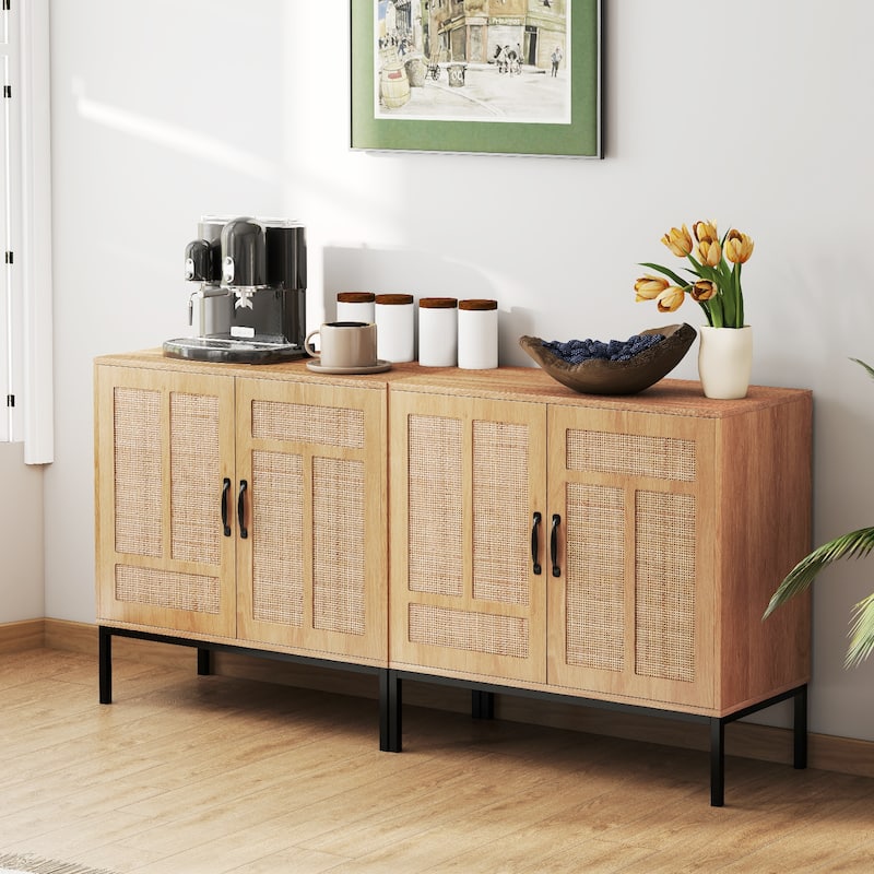 Natural Rattan Storage Cabinet with Adjustable Shelf Modern Boho Sideboard Accent Console Table with Metal Legs