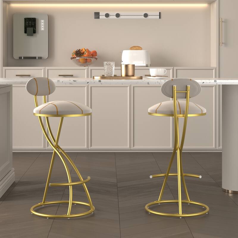 Set of 2 S-Shaped Round Velvet Bar Stools with Stripe Pattern, Modern Counter Chairs for Dining Room