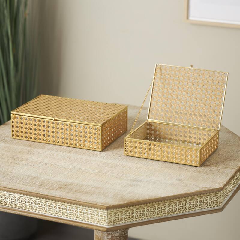 Rattan Woven Decorative Jewelry Box with Glass Panels and Chain Accent - Set of 2 Brown - Roche River Decor