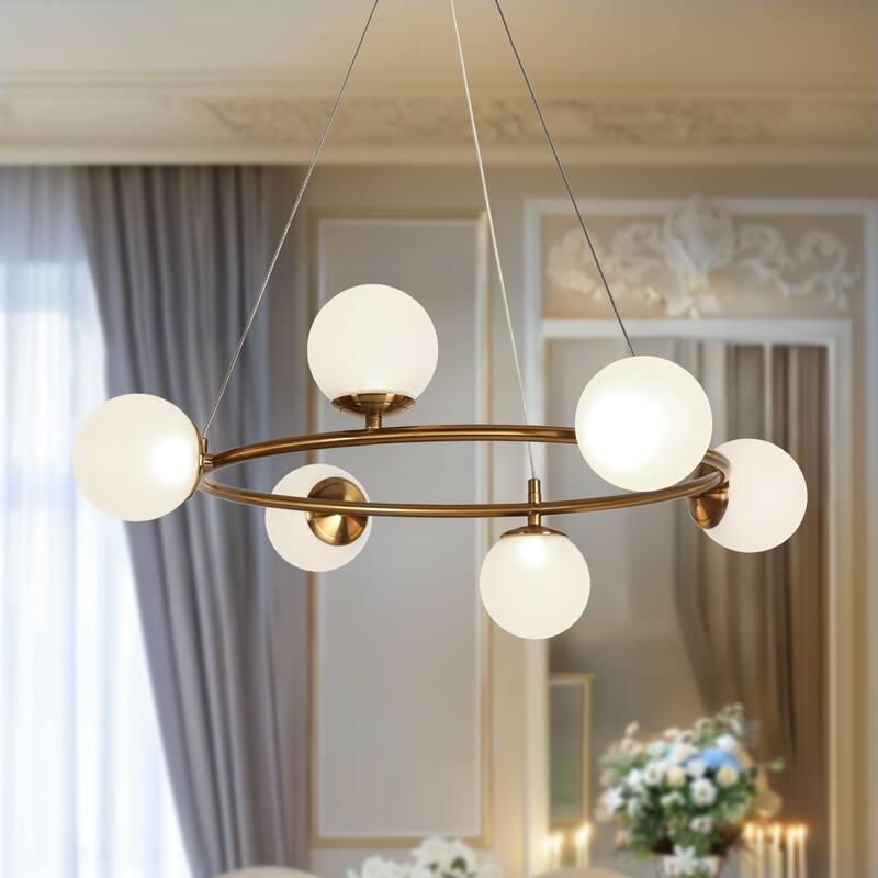Modern Brass 6-Light Gold LED Integrated Wheel Chandeliers for Living Room - 26" D x 9" H