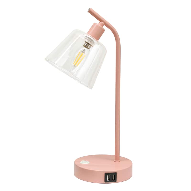 Modern Industrial Desk Lamp with Clear Glass Shade and Dual USB Charging Ports Multiple Colors - 8" (L) x 5.5" (W) x 15.75" (H) - Blush Pink