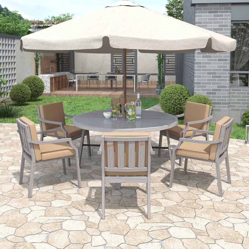 7 Piece Outdoor Wood Dinning Set w/ Umbrella Hole,Removable Cushions