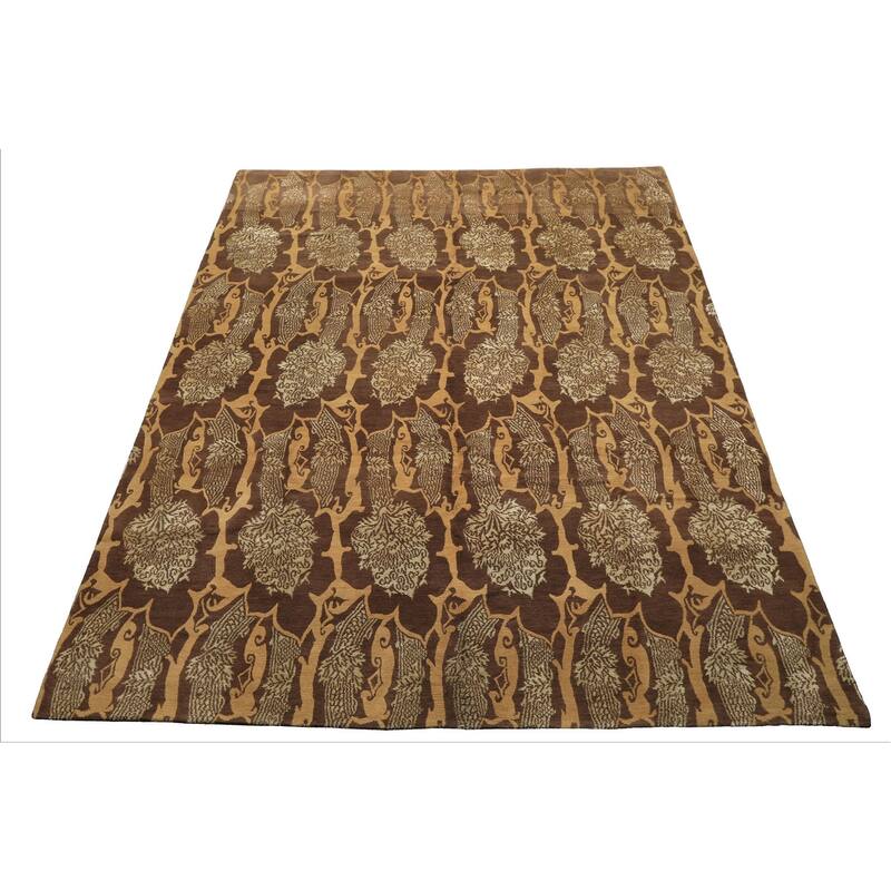 8x10 Tibetano Hand Knotted Wool & Silk Brown Transitional Tibetan Rug - 8' x 10'