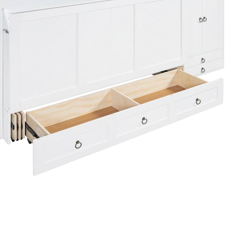 Queen Size Solid Wood Murphy Bed with Charging Station, Built-In Wardrobes, Drawers, and Foldable Cabinet Design