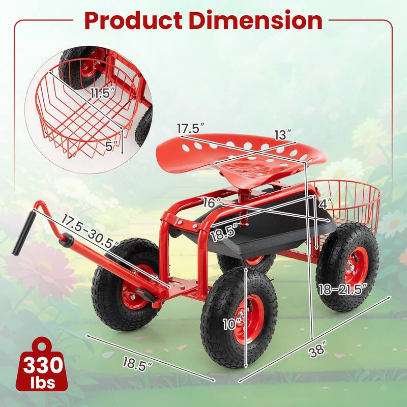 Gymax Rolling Garden Cart Scooter w/ Adjustable Seat Storage Basket